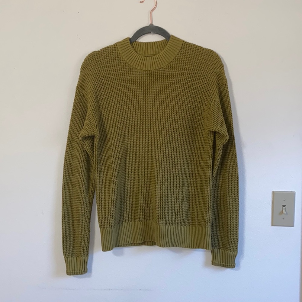 Everlane Waffle Knot Textured Olive Green Crew Neck Organic Cotton Sweater